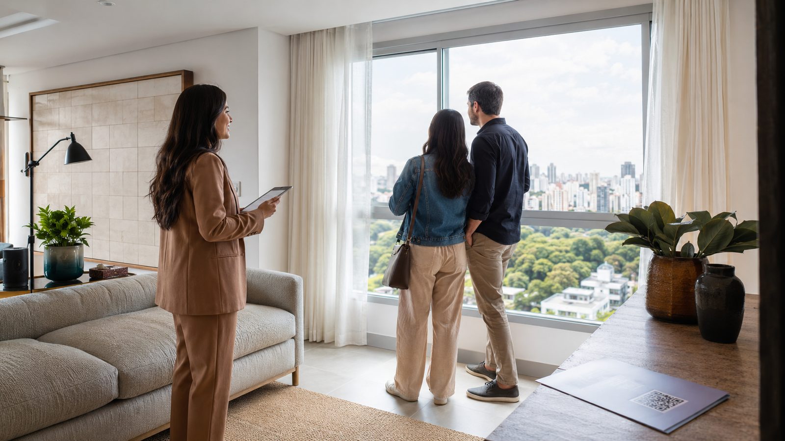 Casal visitando apartamento com corretora