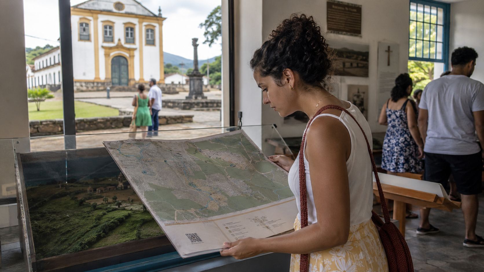 Visitante consultando mapa em centro turístico