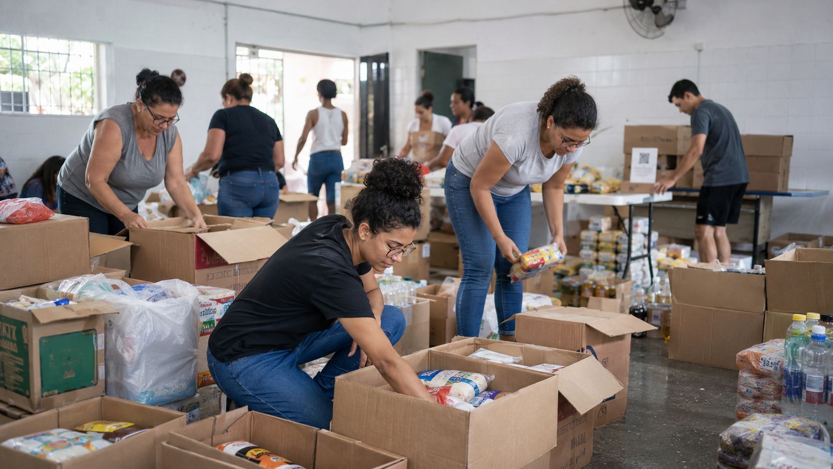 Volunteers organizing donations in a community action